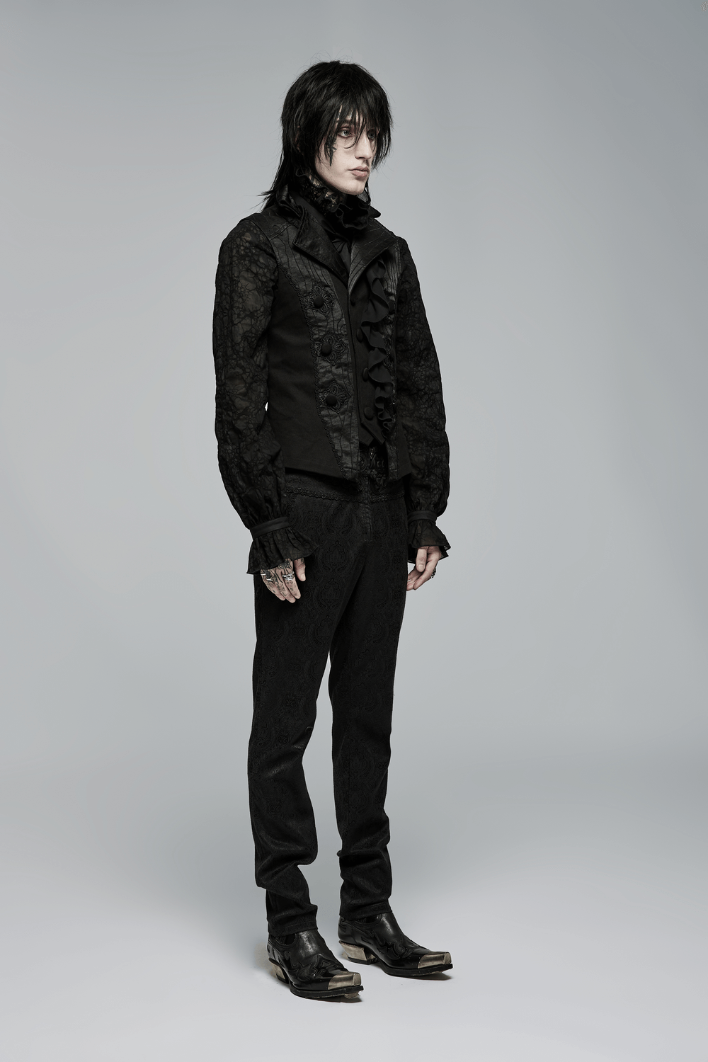 Model wearing a Victorian Gothic Ruffle-Front Jacquard Vest with dramatic ruffles and intricate detailing.