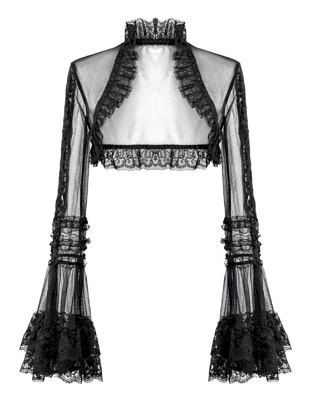 Victorian Gothic Sheer Lace Bell Sleeve Bolero featuring sheer fabric, ruffle trim, and dramatic flared sleeves.