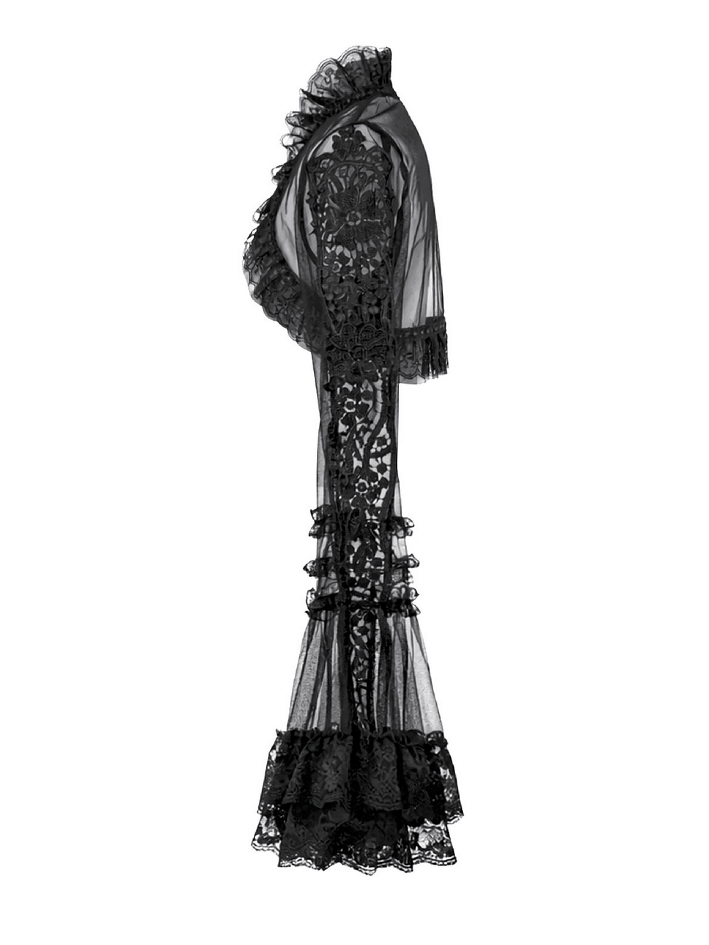 Victorian Gothic Sheer Lace Bell Sleeve Bolero featuring dramatic flared sleeves and elaborate lace design.