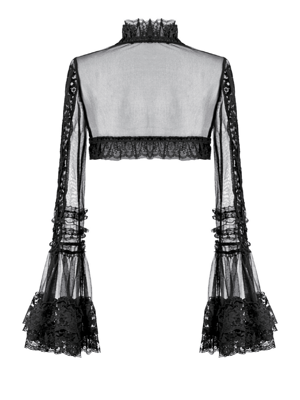 Victorian Gothic Sheer Lace Bell Sleeve Bolero with dramatic flared sleeves and ornate lace edging.