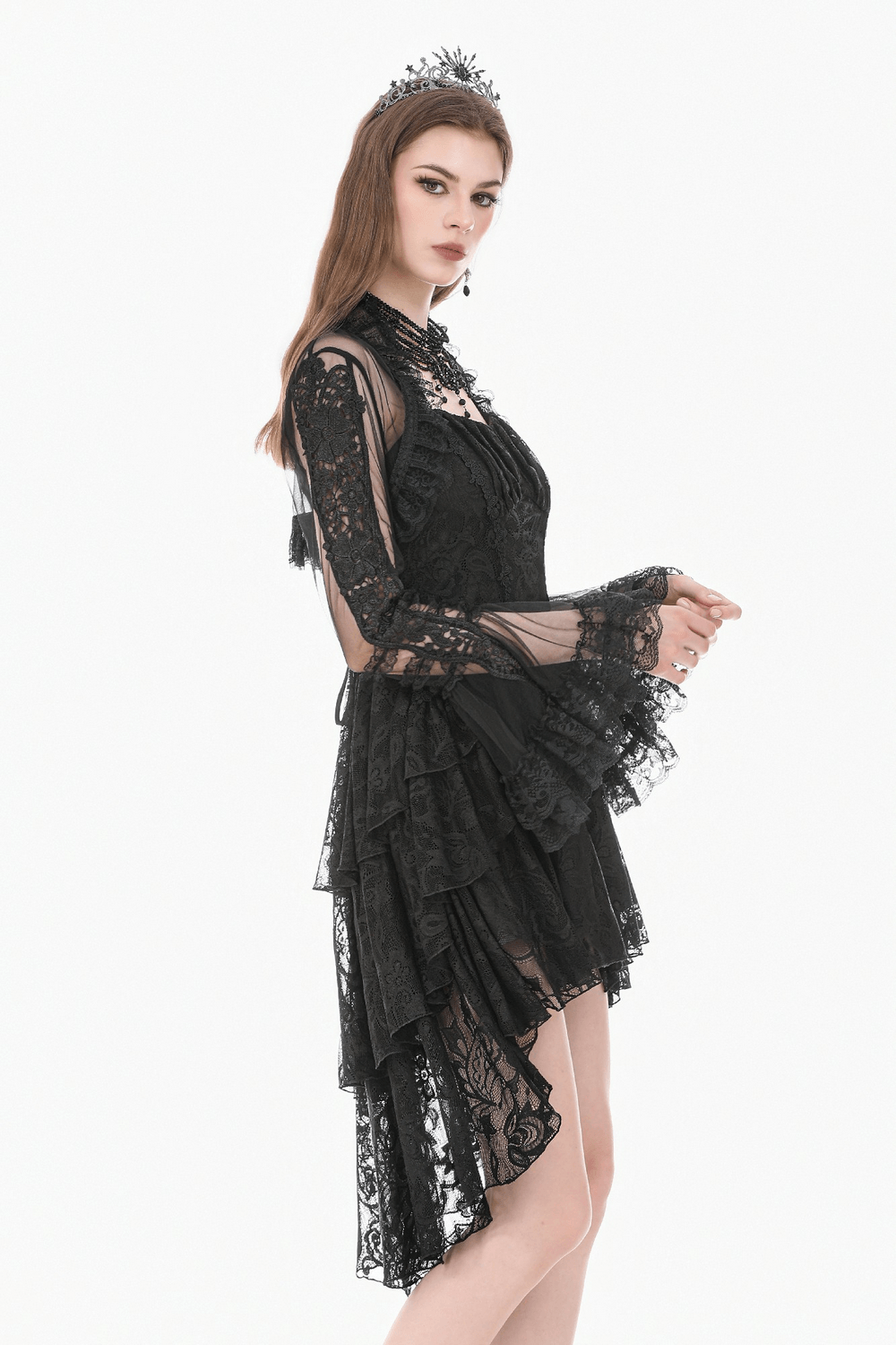 Victorian Gothic Sheer Lace Bell Sleeve Bolero with ruffles and flared sleeves, perfect for gothic styles.