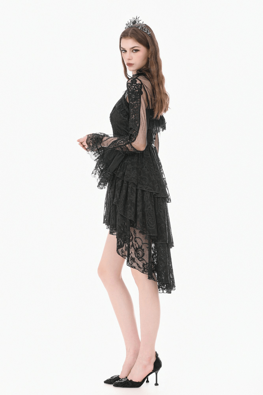 Victorian Gothic Sheer Lace Bell Sleeve Bolero styled with dramatic lace dress and headpiece.