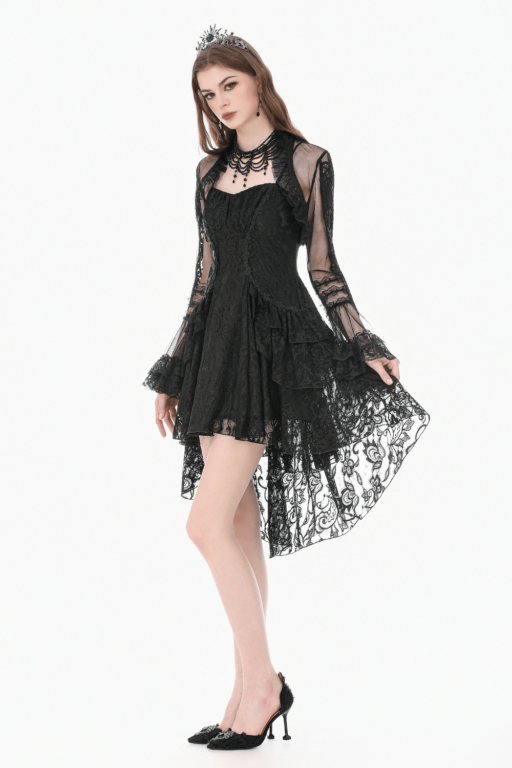 Victorian Gothic Sheer Lace Bell Sleeve Bolero layered over a black lace dress with flared sleeves and ruffle trim.