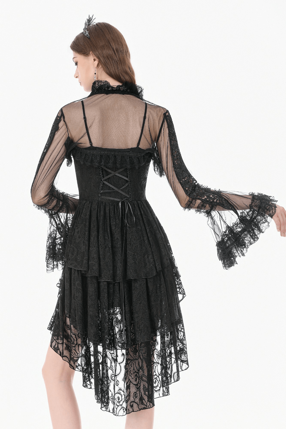 Victorian Gothic Sheer Lace Bell Sleeve Bolero displayed on a model showcasing its intricate lace and dramatic sleeves.
