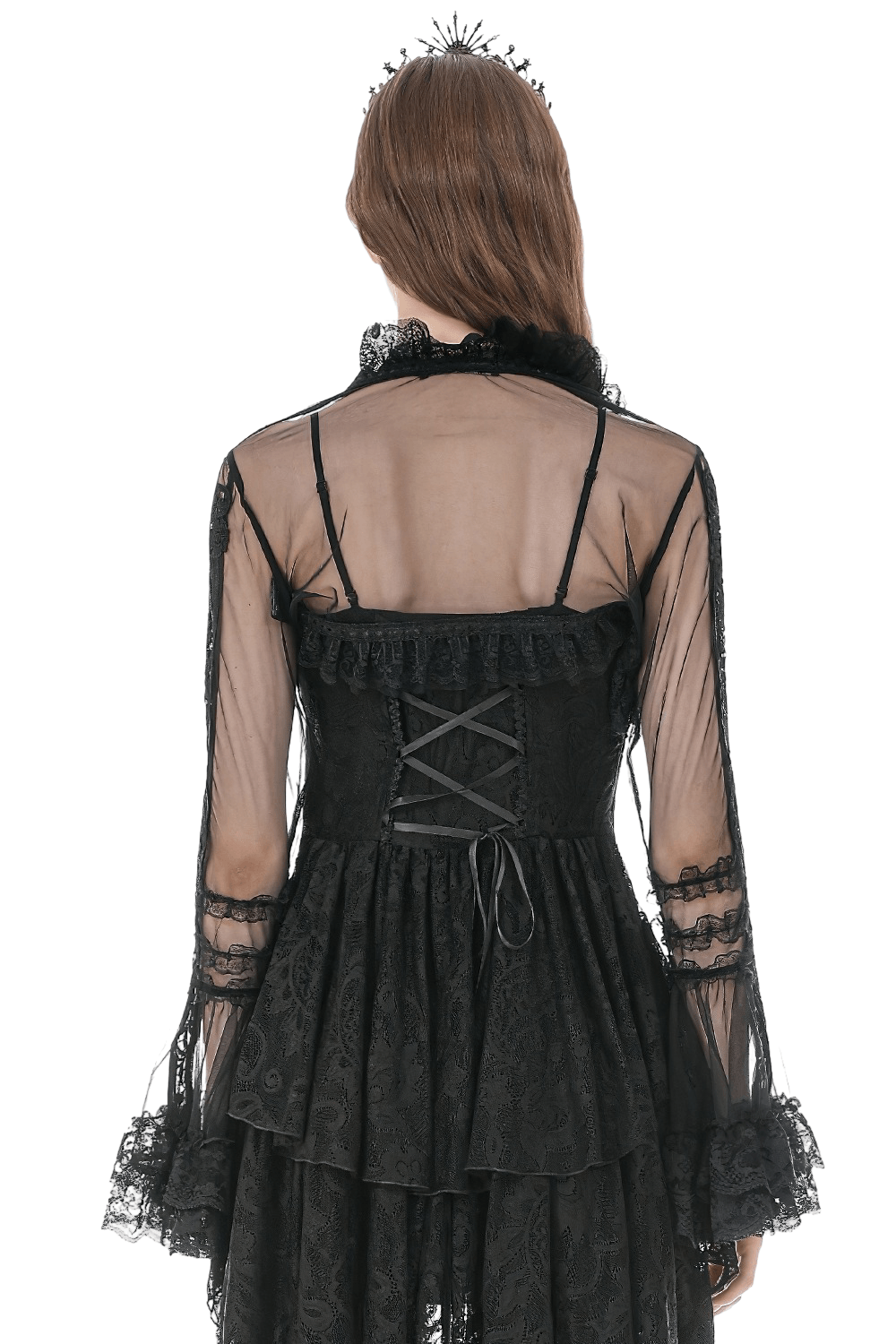 Back view of Victorian Gothic Sheer Lace Bell Sleeve Bolero featuring sheer lace and ruffle detail.