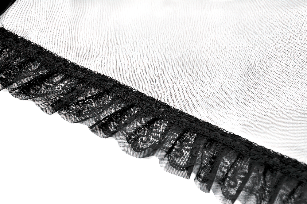 Close-up of the Victorian Gothic Sheer Lace Bell Sleeve Bolero showcasing intricate lace and ruffled hem detailing.