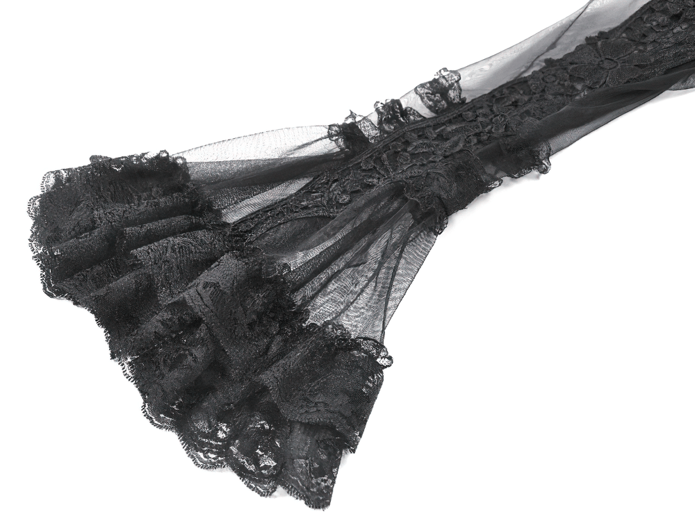 Victorian Gothic Sheer Lace Bell Sleeve Bolero with ruffle trim and ornate lace, perfect for dark romantic outfits.