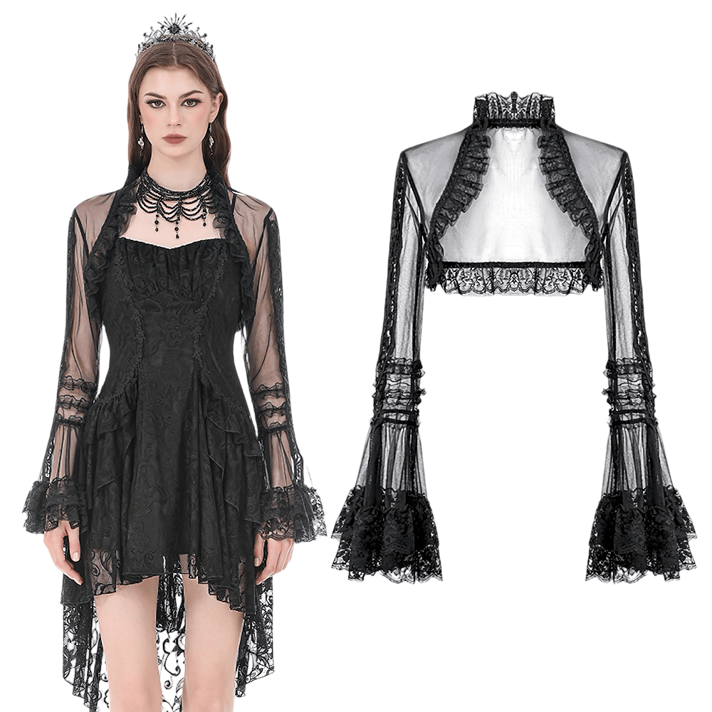 Victorian Gothic Sheer Lace Bell Sleeve Bolero styled with a black lace dress and model, showcasing ruffle and dramatic sleeves.