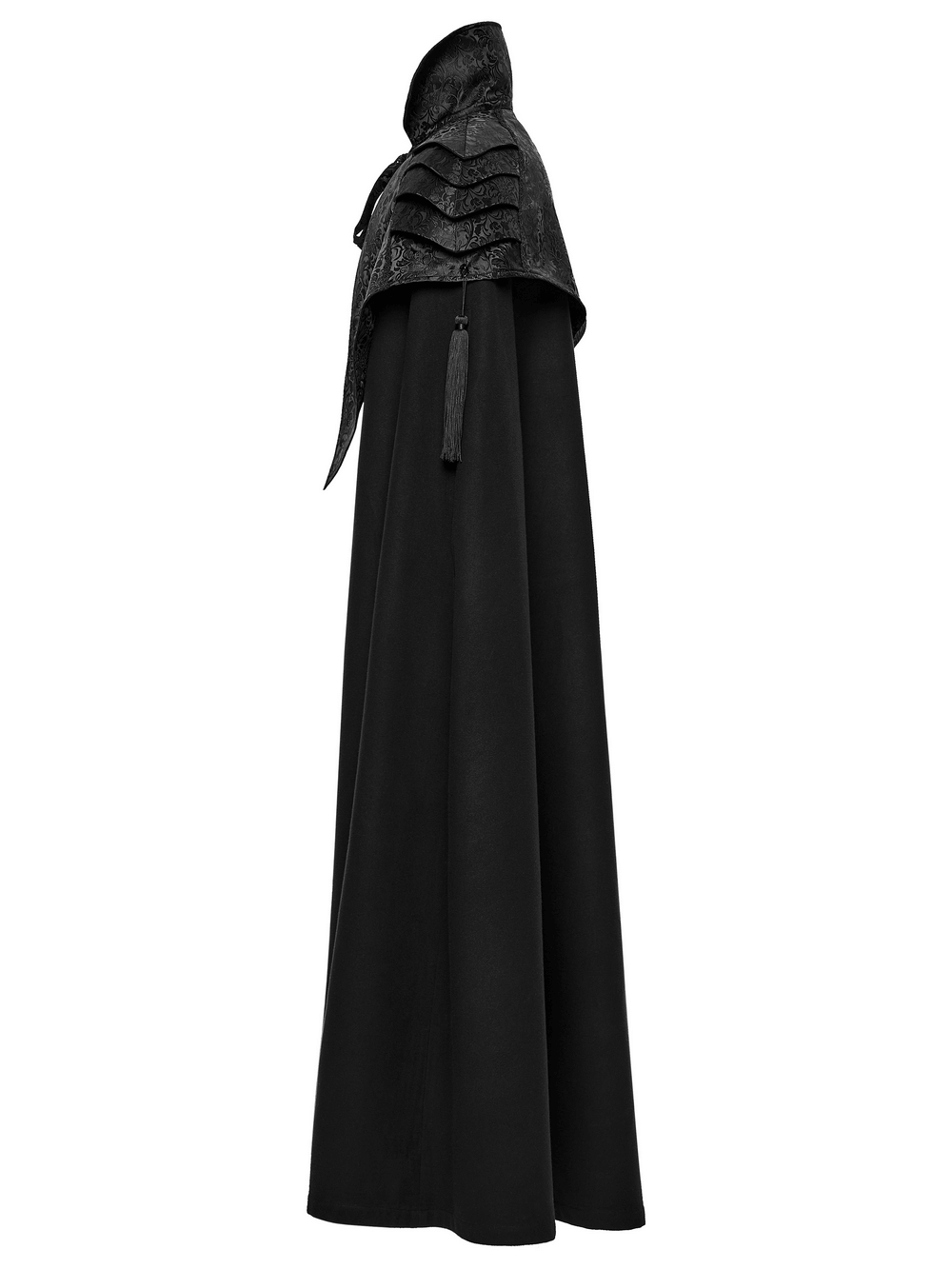 Victorian Gothic Shoulder Armor Cloak with Lace Detailing showcasing irregular shoulder armor and flowing silhouette.
