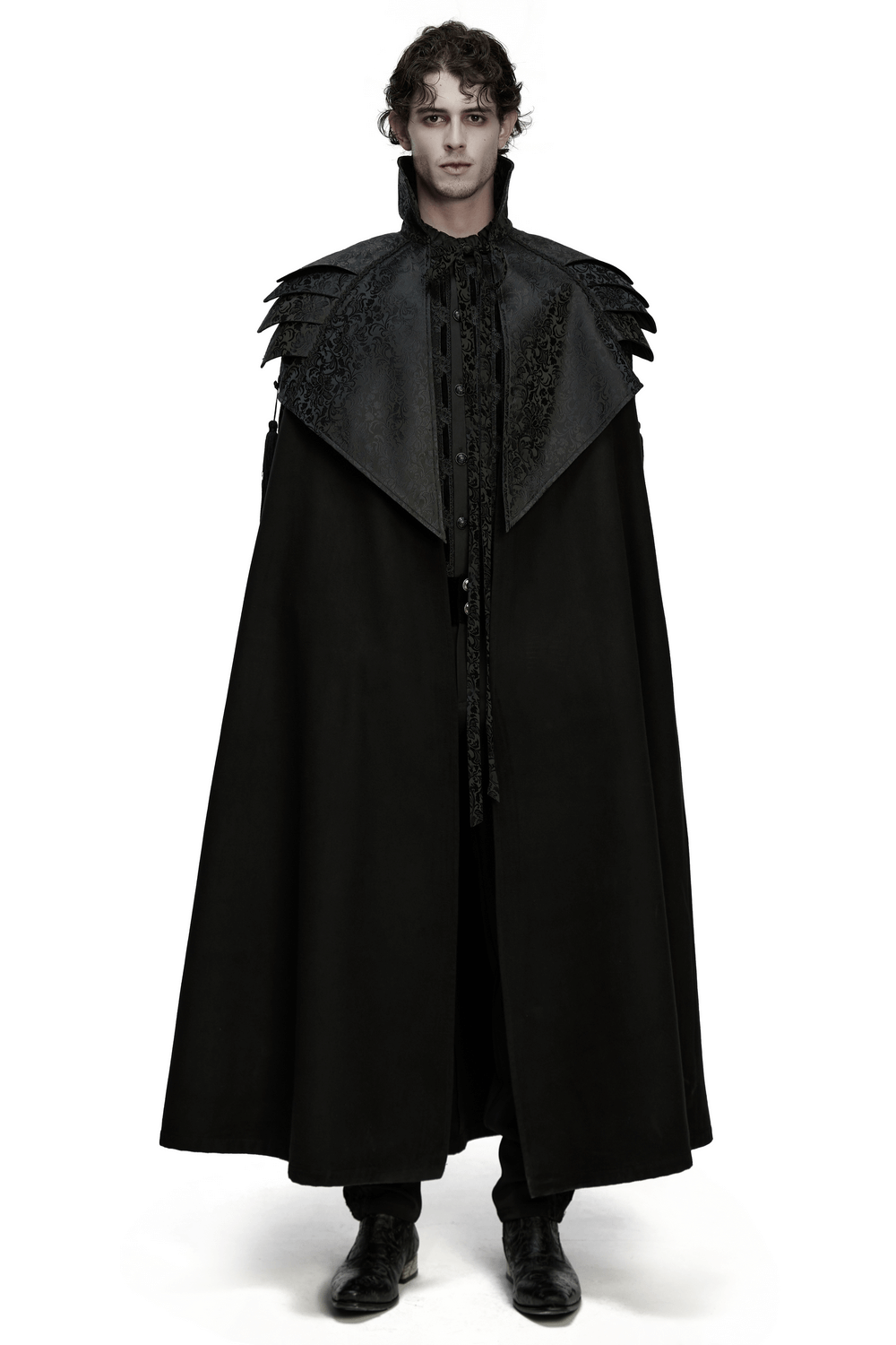 Victorian Gothic Shoulder Armor Cloak with Lace Detailing worn by model, showcasing the intricate lace and armor design.