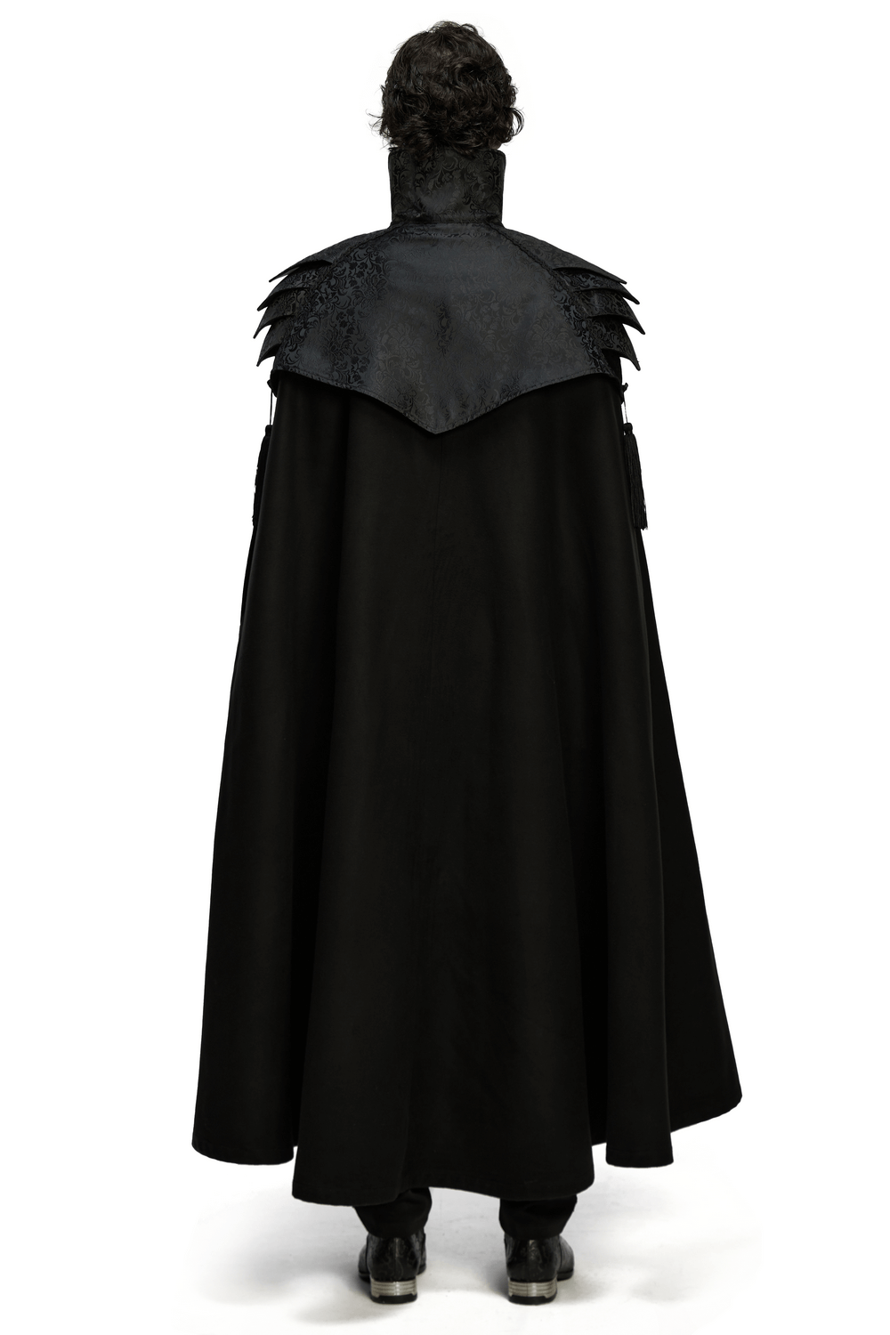 Victorian Gothic Shoulder Armor Cloak with Lace Detailing shown from the back, featuring irregular shoulder armor.