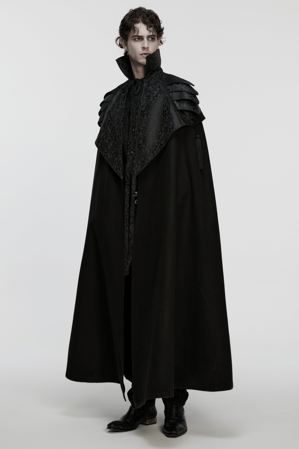 Victorian Gothic Shoulder Armor Cloak with Lace Detailing worn by a model, showcasing unique lacework and irregular design.