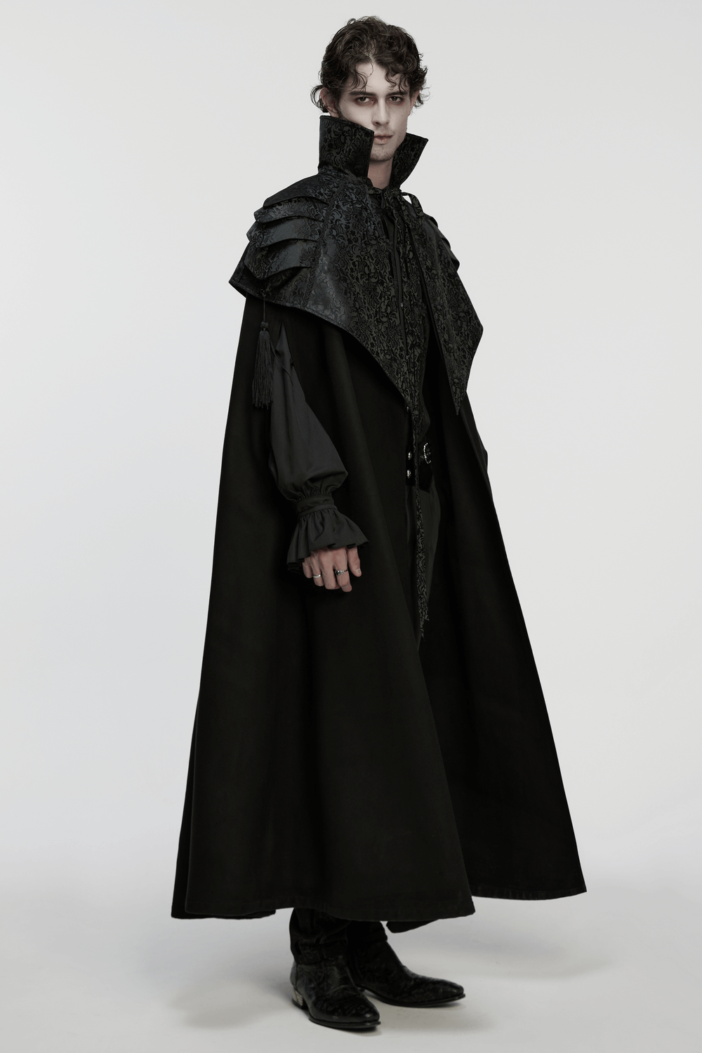 Victorian Gothic Shoulder Armor Cloak with Lace Detailing worn by a model showcasing its intricate design.