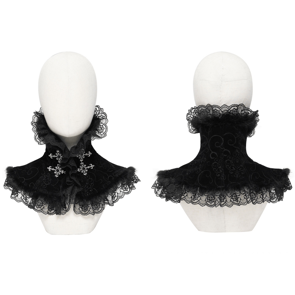 Cuello alto gótico victoriano con encaje y ribete de piel