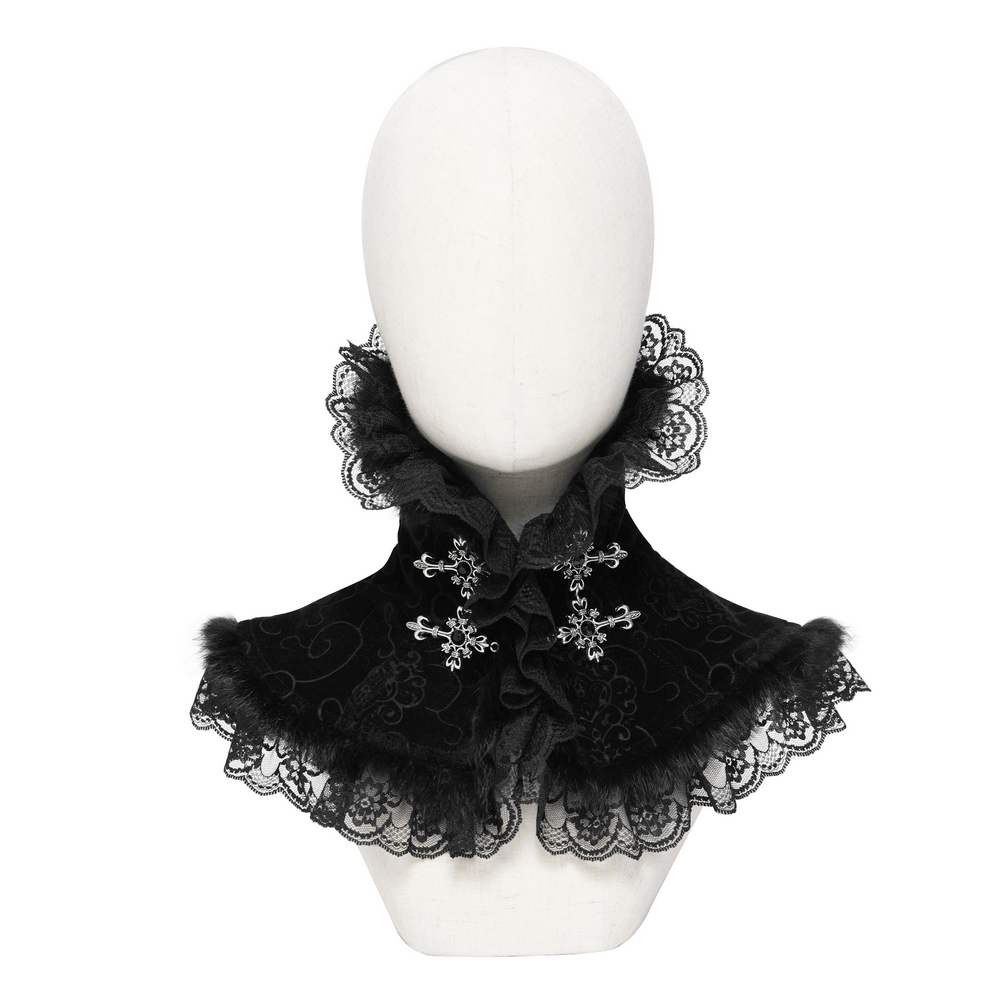 Cuello alto gótico victoriano con encaje y ribete de piel