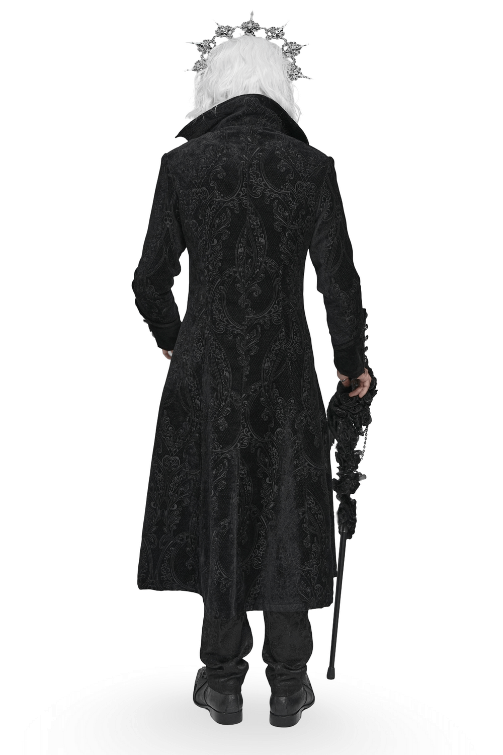 Victorian Gothic Tailcoat with Brocade and Metal Buttons worn by a model from the back, showcasing its ornate design.