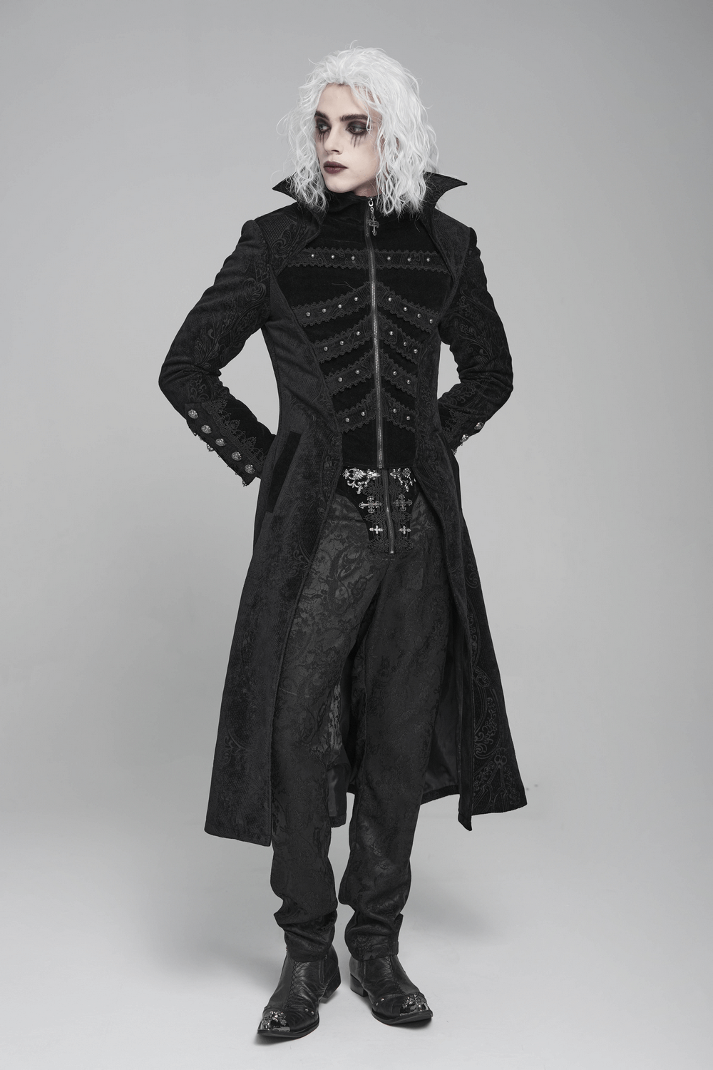 Victorian Gothic Tailcoat with Brocade and Metal Buttons worn by a model with white hair and dramatic makeup.