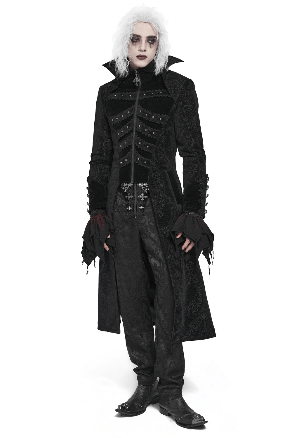 Victorian Gothic Tailcoat with Brocade and Metal Buttons worn by a model with dramatic makeup and hairstyle.