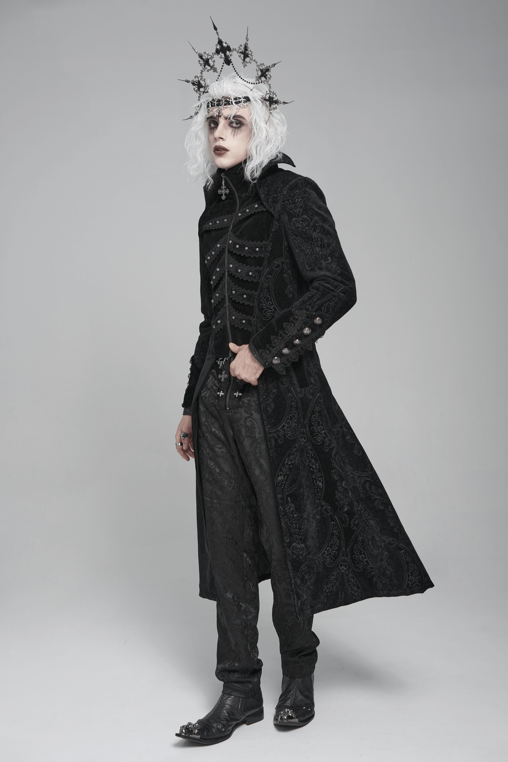 Victorian Gothic Tailcoat with Brocade and Metal Buttons worn by a model showcasing a striking gothic style.