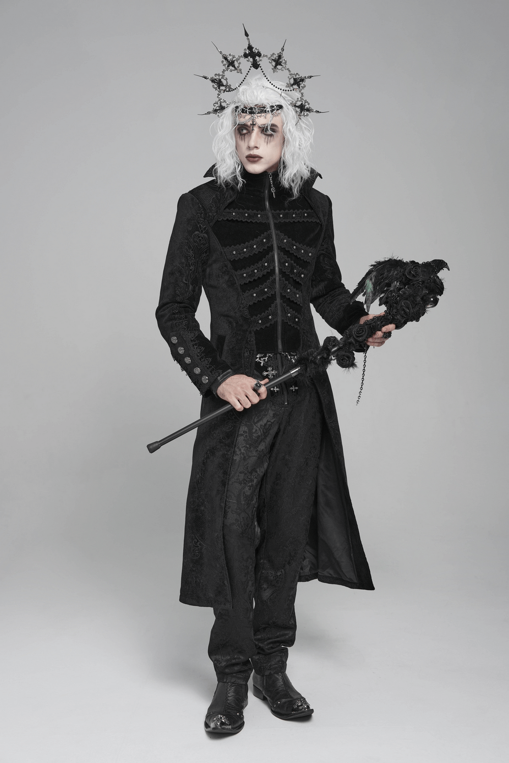 Victorian Gothic Tailcoat with Brocade and Metal Buttons worn by a model in a dramatic costume.