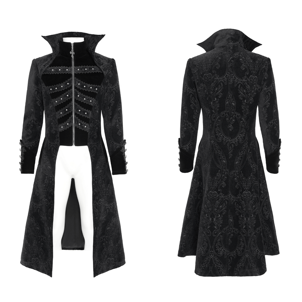 Victorian Gothic Tailcoat with Brocade and Metal Buttons featuring ornate details and dramatic silhouette.