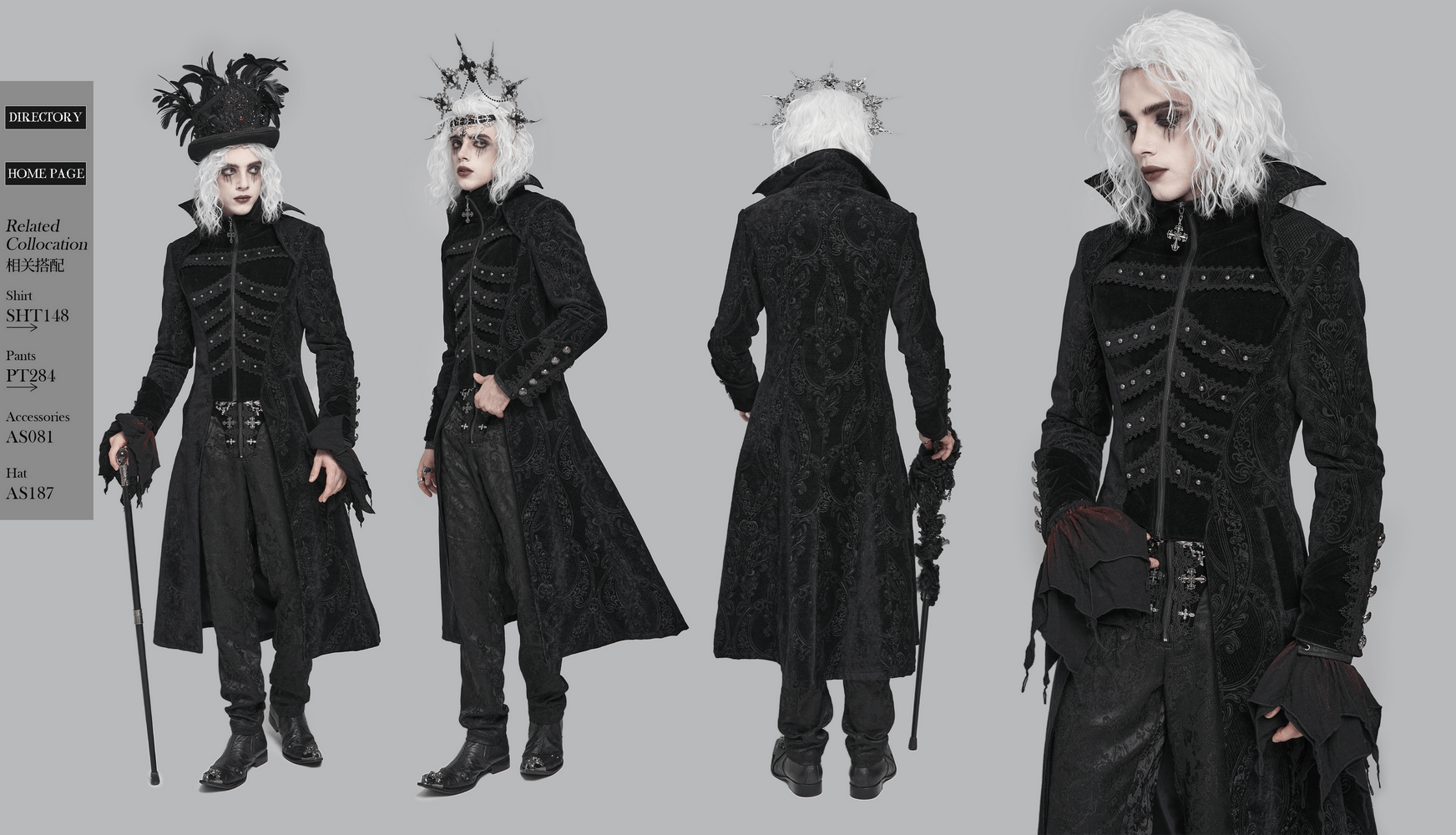 Victorian Gothic Tailcoat with Brocade and Metal Buttons worn by a model showcasing stunning gothic fashion.