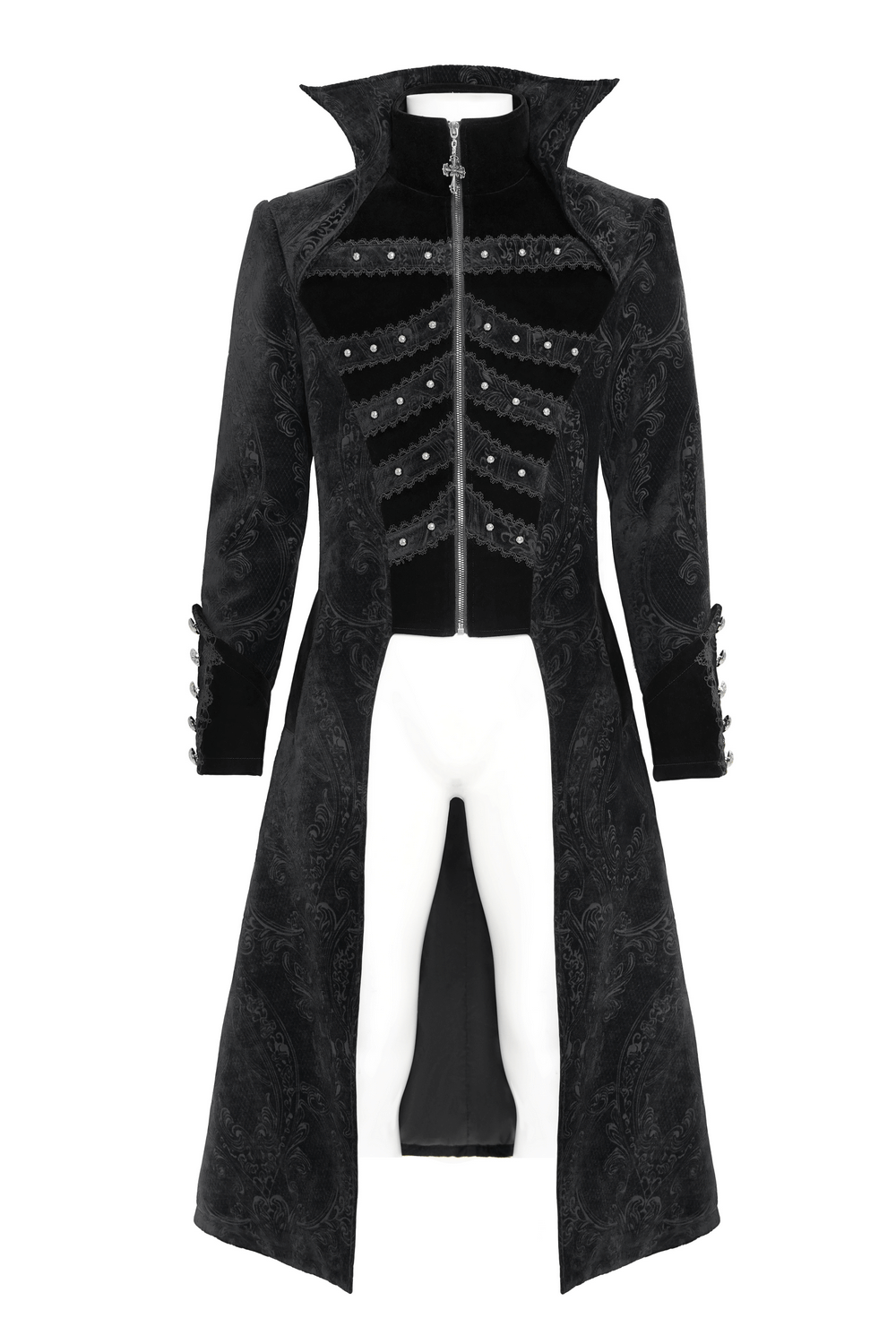 Victorian Gothic Tailcoat with Brocade and Metal Buttons displayed front view, showcasing ornate design and high collar.