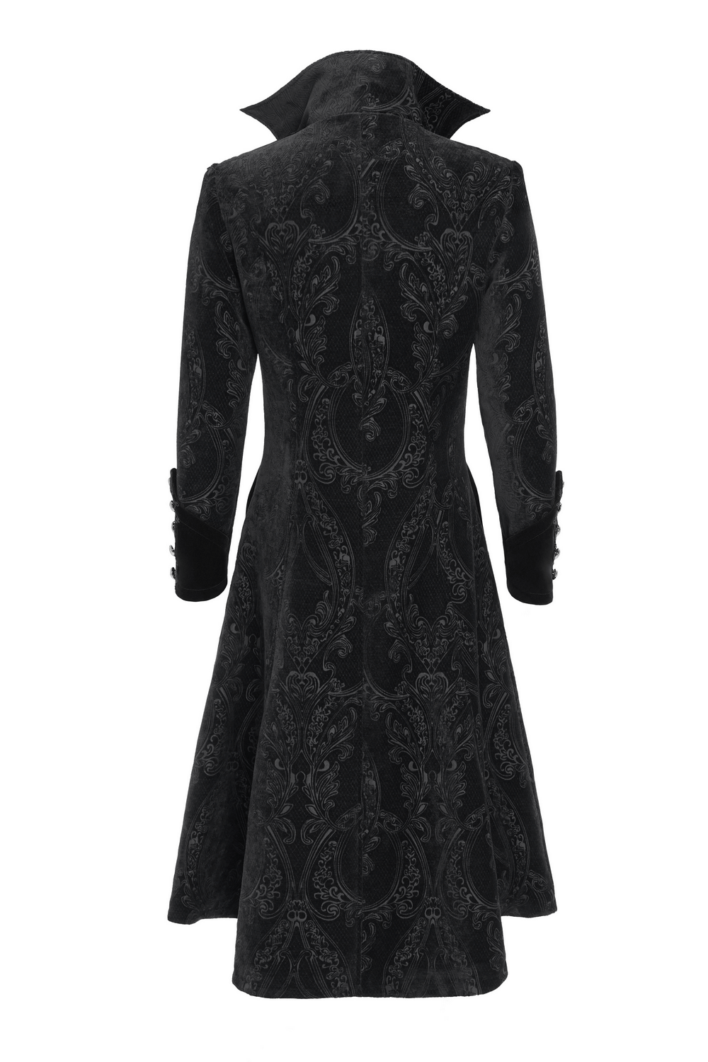 Victorian Gothic Tailcoat with Brocade and Metal Buttons showcasing ornate black brocade and dramatic high collar design.