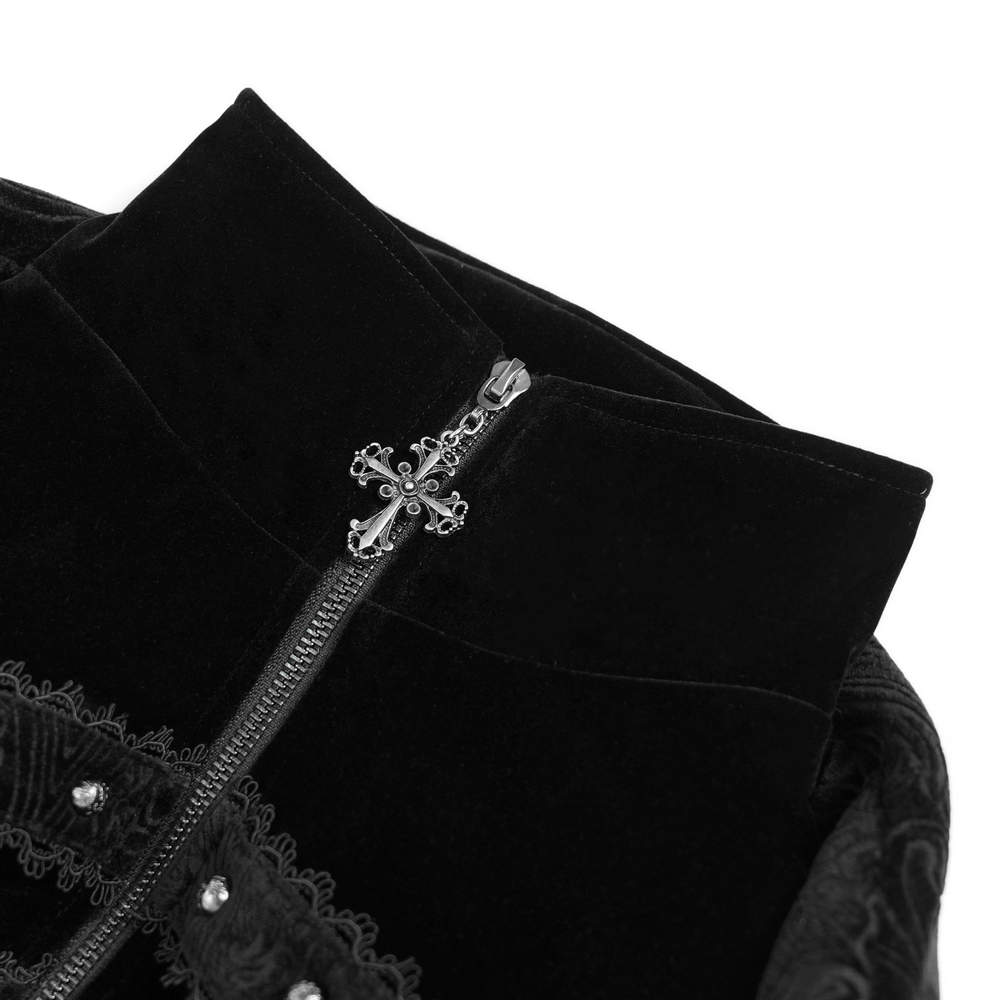 Victorian Gothic Tailcoat with Brocade and Metal Buttons high collar and zipper detail with cross ornament