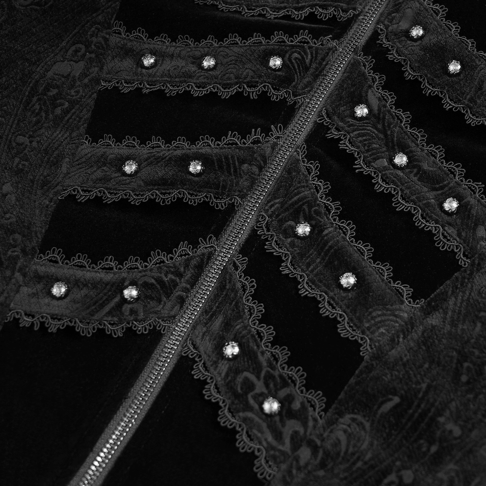 Victorian Gothic Tailcoat with Brocade and Metal Buttons detailed view featuring ornate velvet and decorative embellishments.
