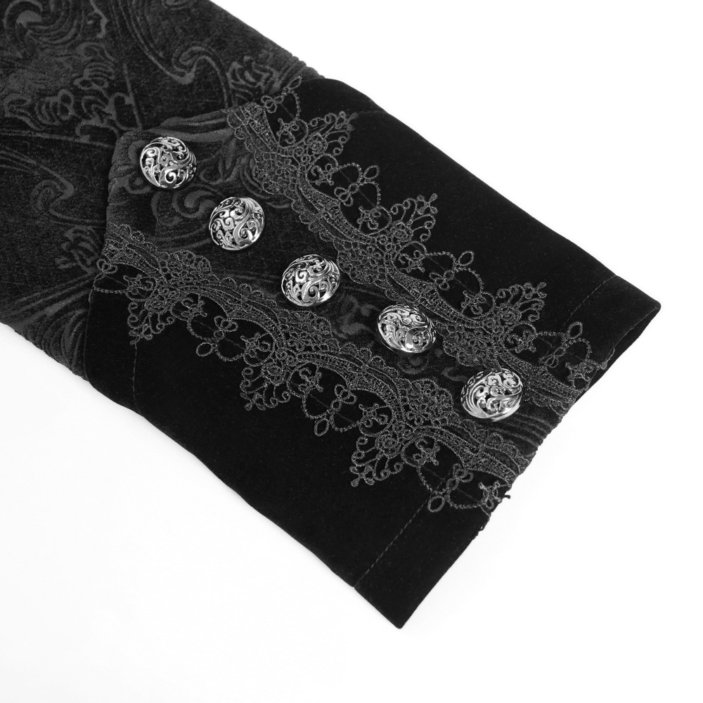 Victorian Gothic Tailcoat with Brocade and Metal Buttons detail featuring ornate brocade, velvet, and metal buttons.