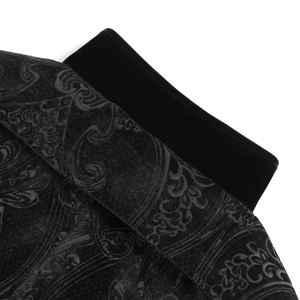 Victorian Gothic Tailcoat with Brocade and Metal Buttons collar detail in black brocade and velvet