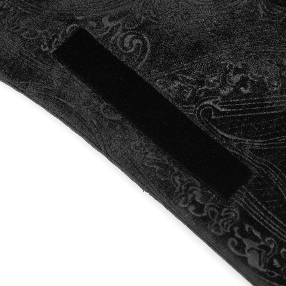 Close-up of the ornate black brocade fabric of the Victorian Gothic Tailcoat with Brocade and Metal Buttons.