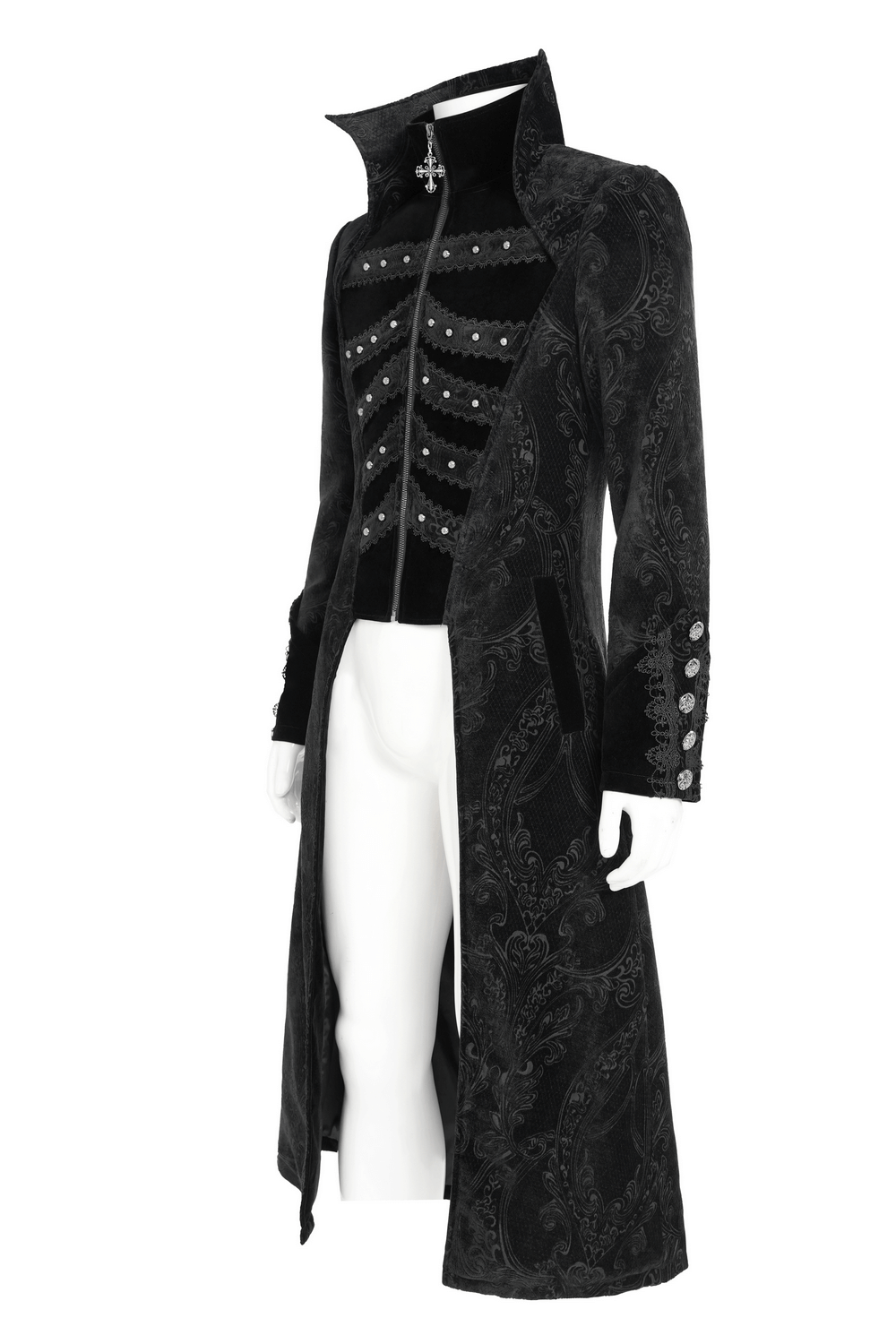 Victorian Gothic Tailcoat with Brocade and Metal Buttons displayed on a mannequin, featuring velvet details.