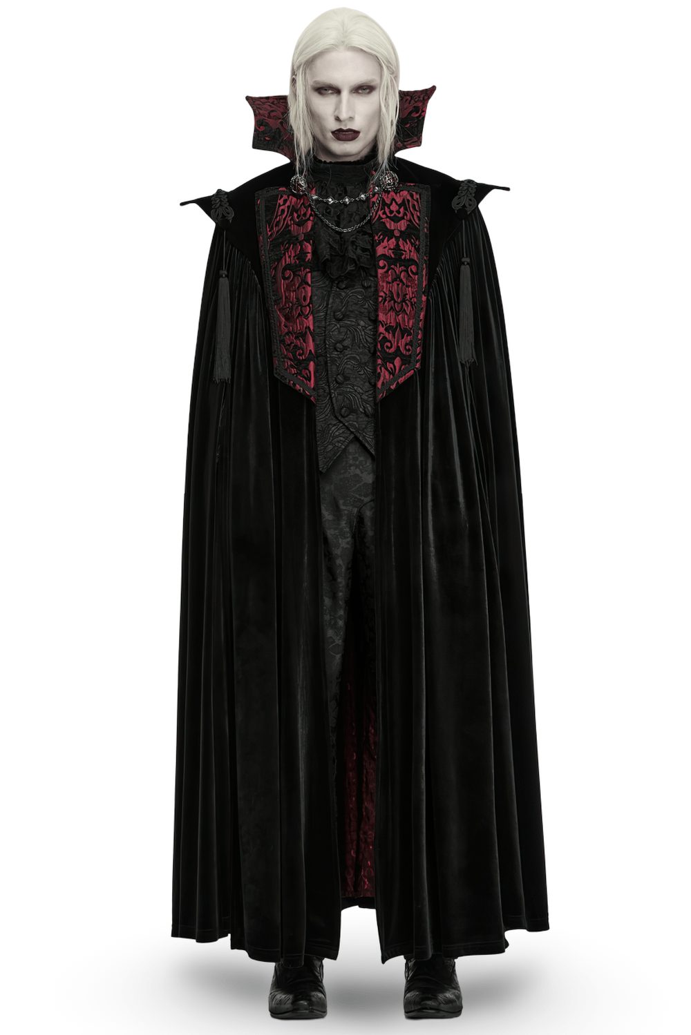 Victorian Gothic Vampire Velvet Cloak with High Collar, black velvet cloak with burgundy jacquard trim and dramatic gothic flair