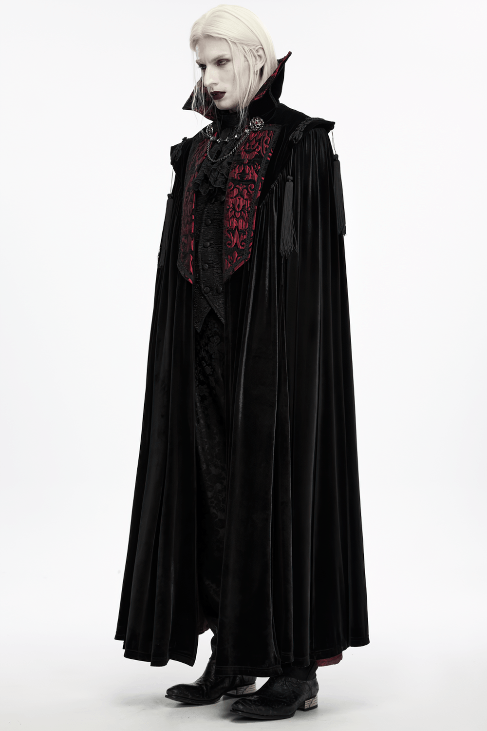 Victorian Gothic Vampire Velvet Cloak with High Collar, black floor-length velvet with burgundy jacquard trim and tassels