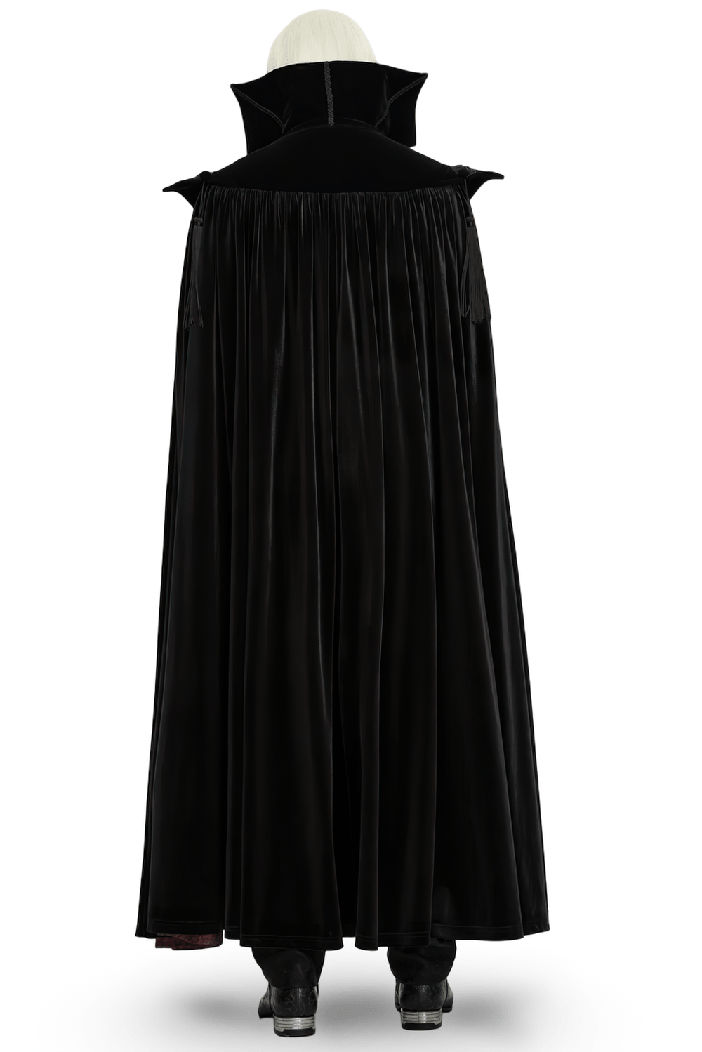 Victorian Gothic Vampire Velvet Cloak with High Collar, floor-length black velvet cape with burgundy jacquard accents and tassels