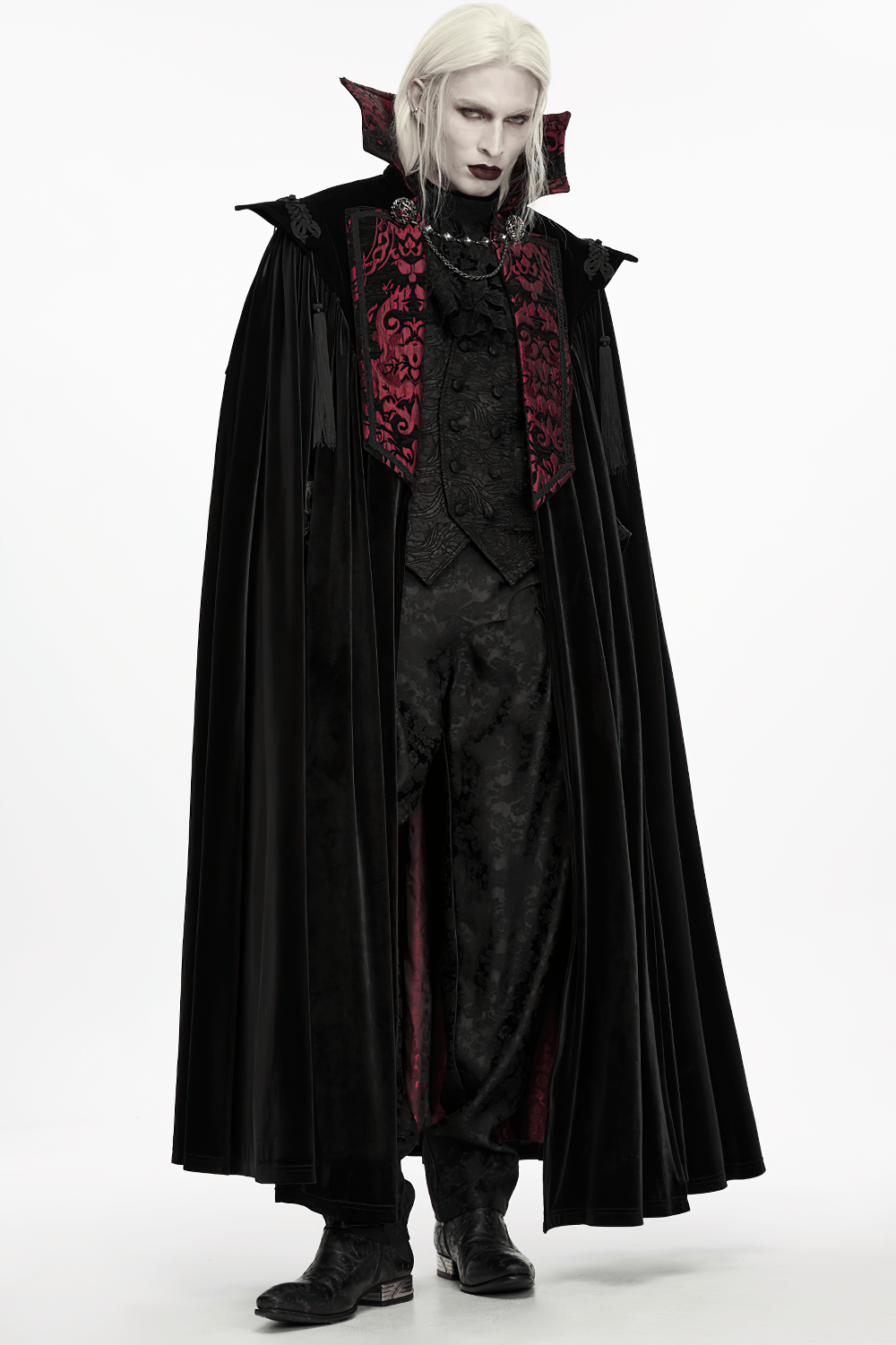 Victorian Gothic Vampire Velvet Cloak with High Collar, black velvet and burgundy jacquard, dramatic floor-length gothic style