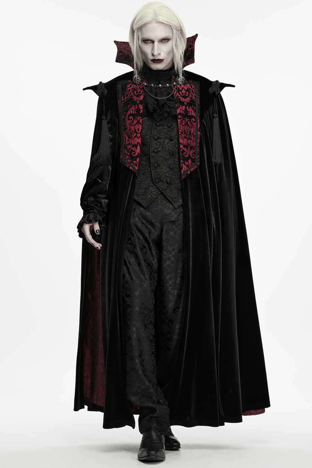 Victorian Gothic Vampire Velvet Cloak with High Collar, black velvet floor-length gothic vampire coat with burgundy jacquard and tassels