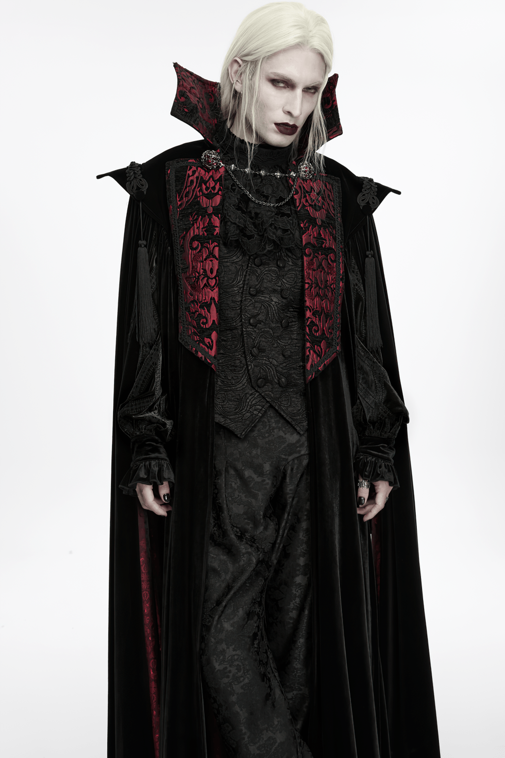 Victorian Gothic Vampire Velvet Cloak with High Collar, black velvet and burgundy jacquard vampire coat with tassels