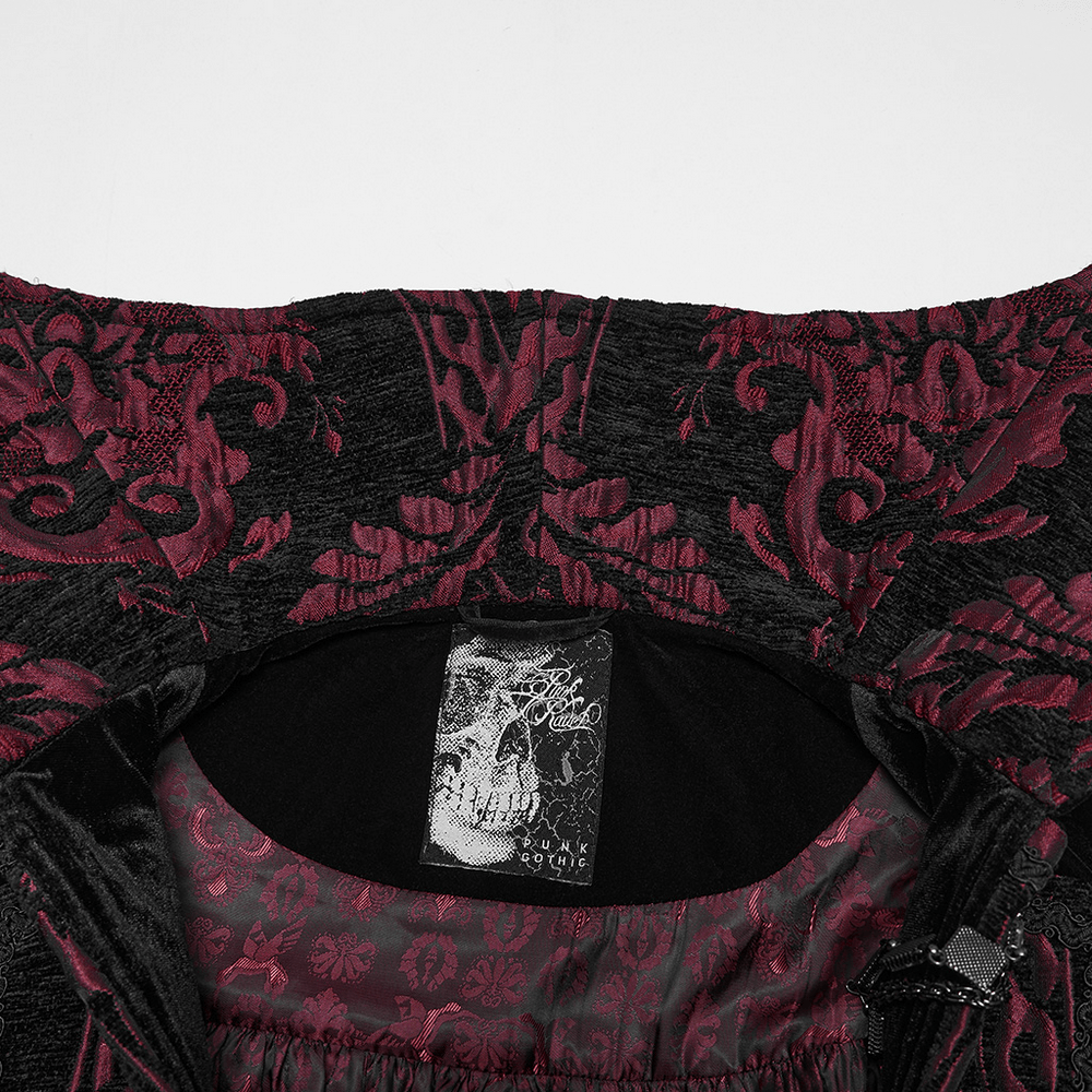 Victorian Gothic Vampire Velvet Cloak with High Collar, black velvet with burgundy jacquard trim and vampy drama
