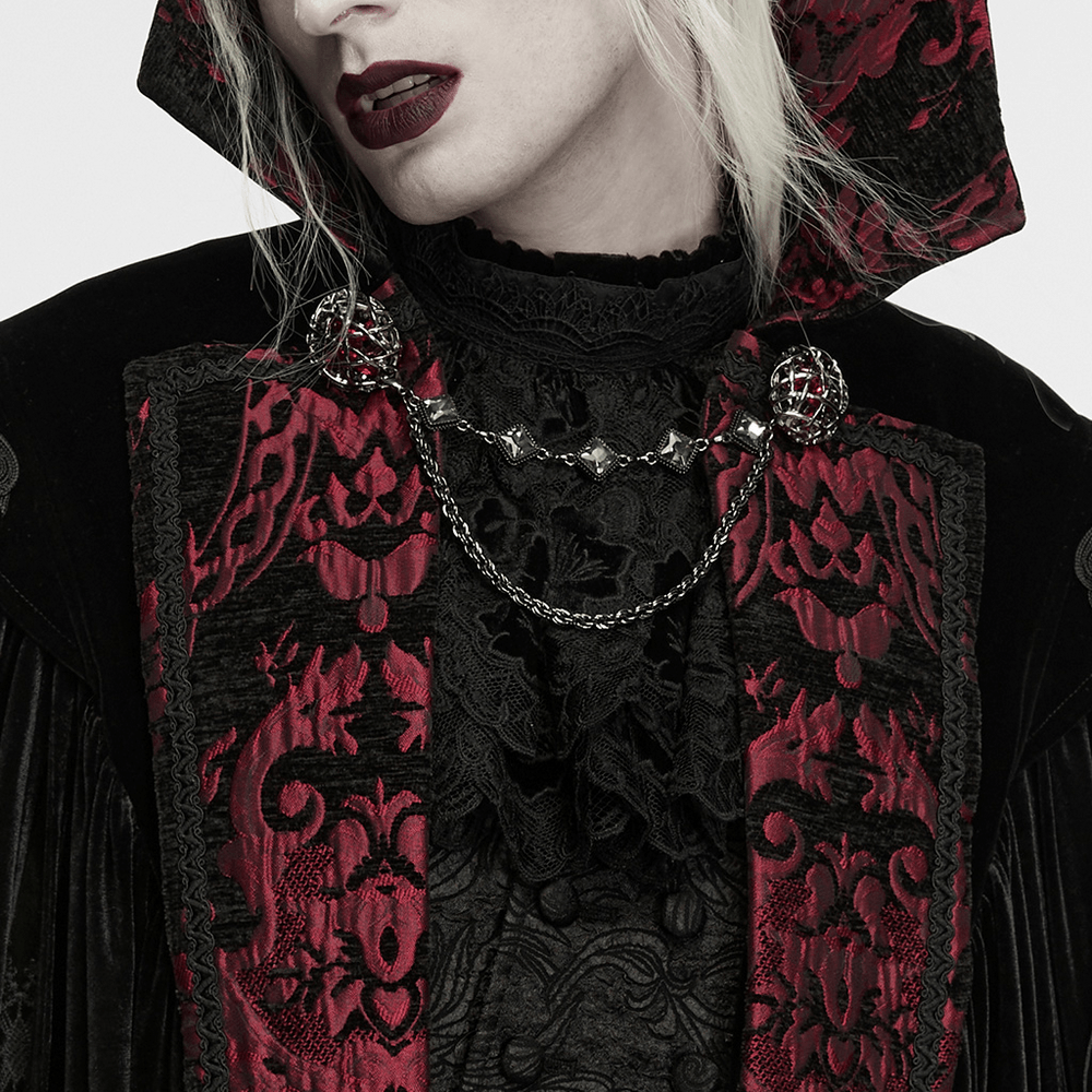 Victorian Gothic Vampire Velvet Cloak with High Collar, black and burgundy jacquard detail, ornate chains and clasps