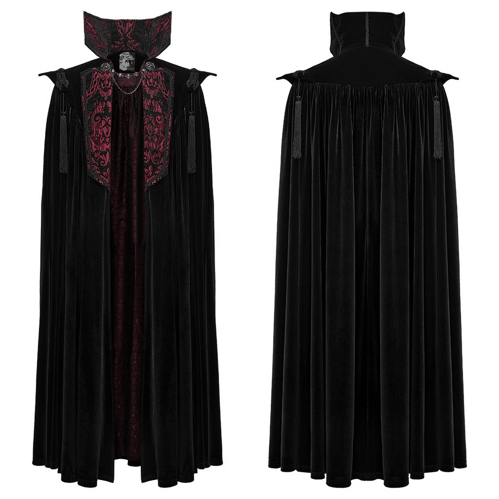 Victorian Gothic Vampire Velvet Cloak with High Collar, black-red velvet, burgundy jacquard trim and tassels
