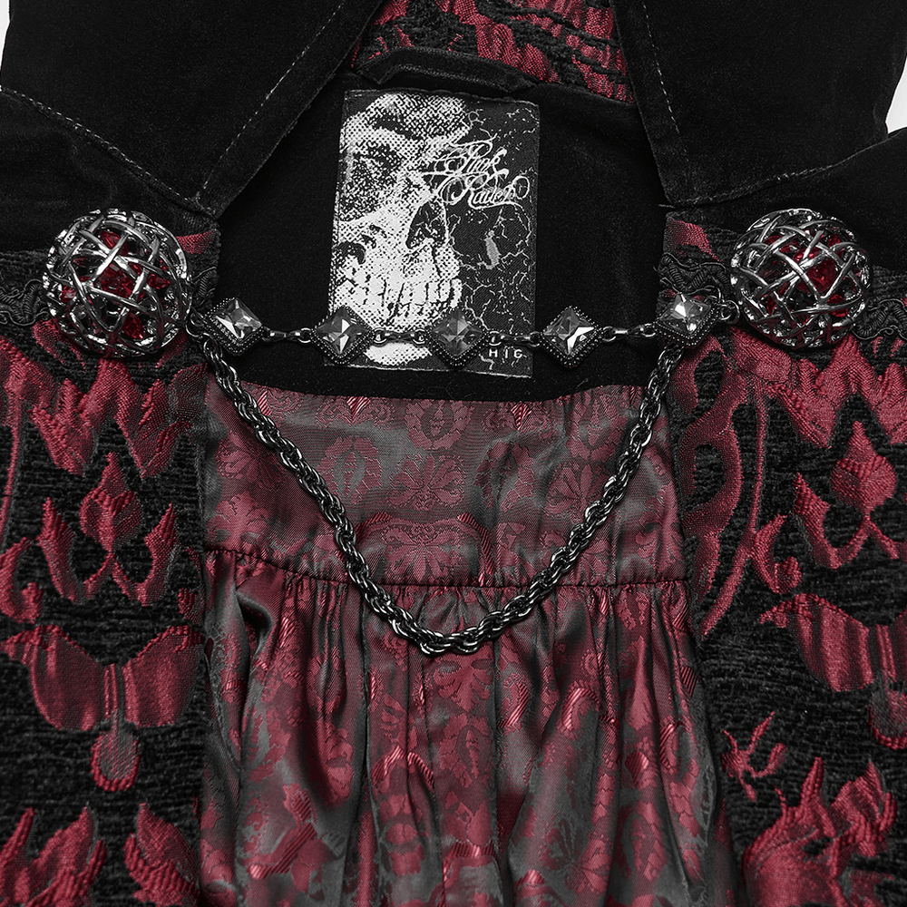 Victorian Gothic Vampire Velvet Cloak with High Collar, burgundy jacquard trim, gemstone clasps, and draped chain detail