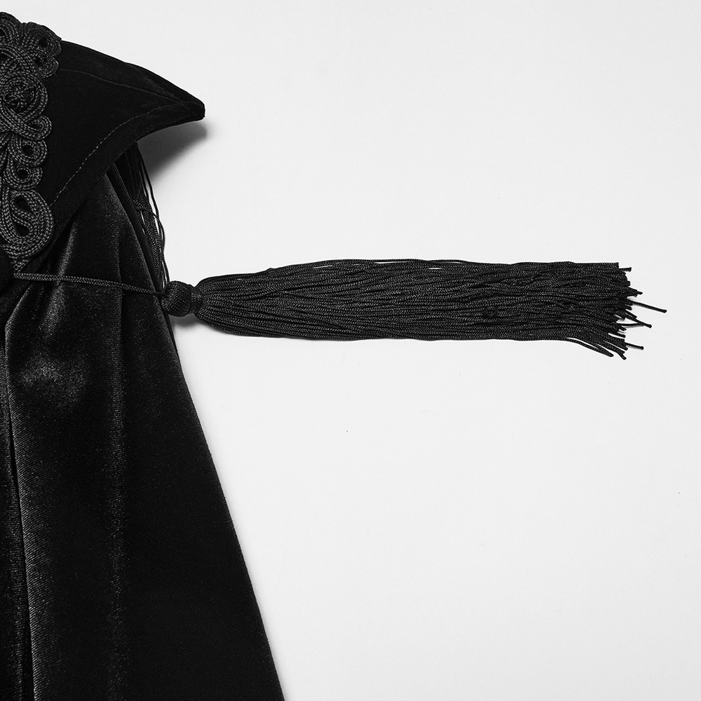 Victorian Gothic Vampire Velvet Cloak with High Collar, black velvet and tassel detail for dramatic vampire style