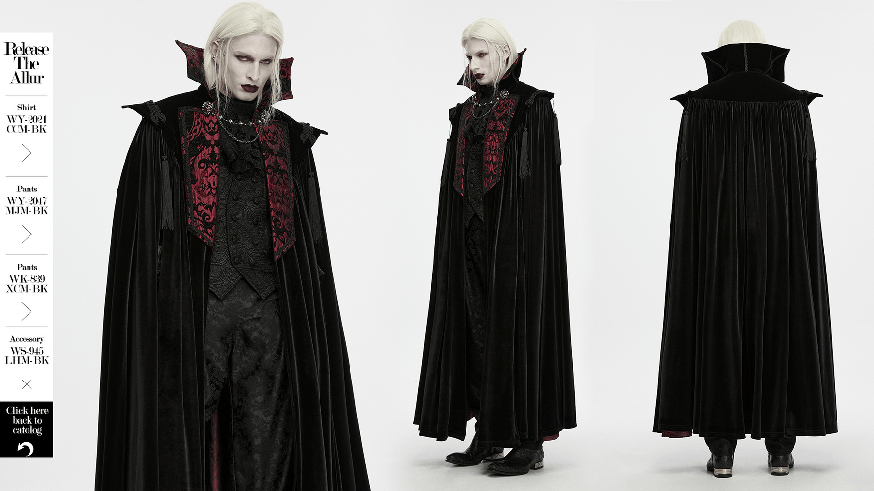 Victorian Gothic Vampire Velvet Cloak with High Collar, black velvet with burgundy jacquard trim and dramatic vampire flair