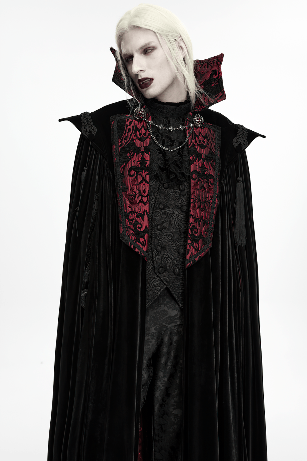 Victorian Gothic Vampire Velvet Cloak with High Collar, black velvet and burgundy jacquard, dramatic vampire style