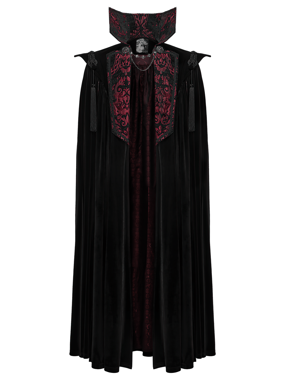 Victorian Gothic Vampire Velvet Cloak with High Collar, black velvet cloak with burgundy jacquard trim and tassels