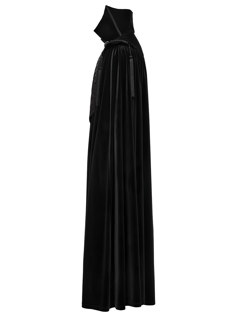 Victorian Gothic Vampire Velvet Cloak with High Collar, black floor-length cloak with jacquard trim and tassels