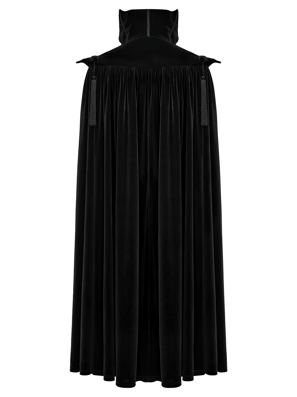 Victorian Gothic Vampire Velvet Cloak with High Collar, floor-length black velvet with tassels and dramatic gothic flair